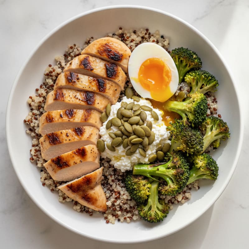 Grilled Chicken and Egg Bowl with Quinoa and Roasted Broccoli