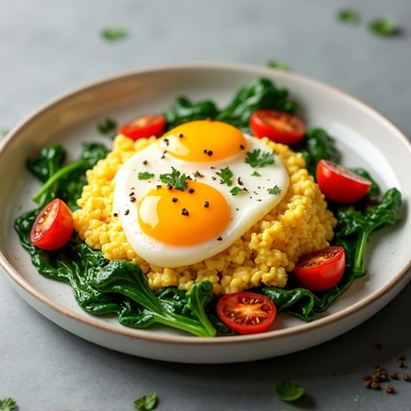 Fluffy Scrambled Eggs with Sautéed Spinach and Roasted Cherry Tomatoes