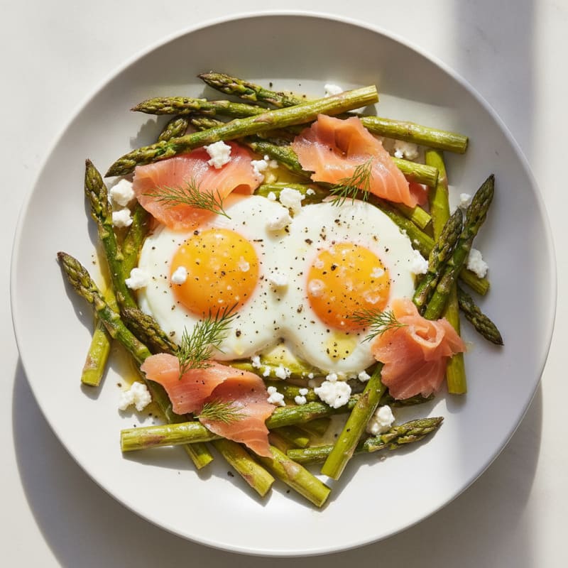 Baked Eggs with Roasted Asparagus and Smoked Salmon