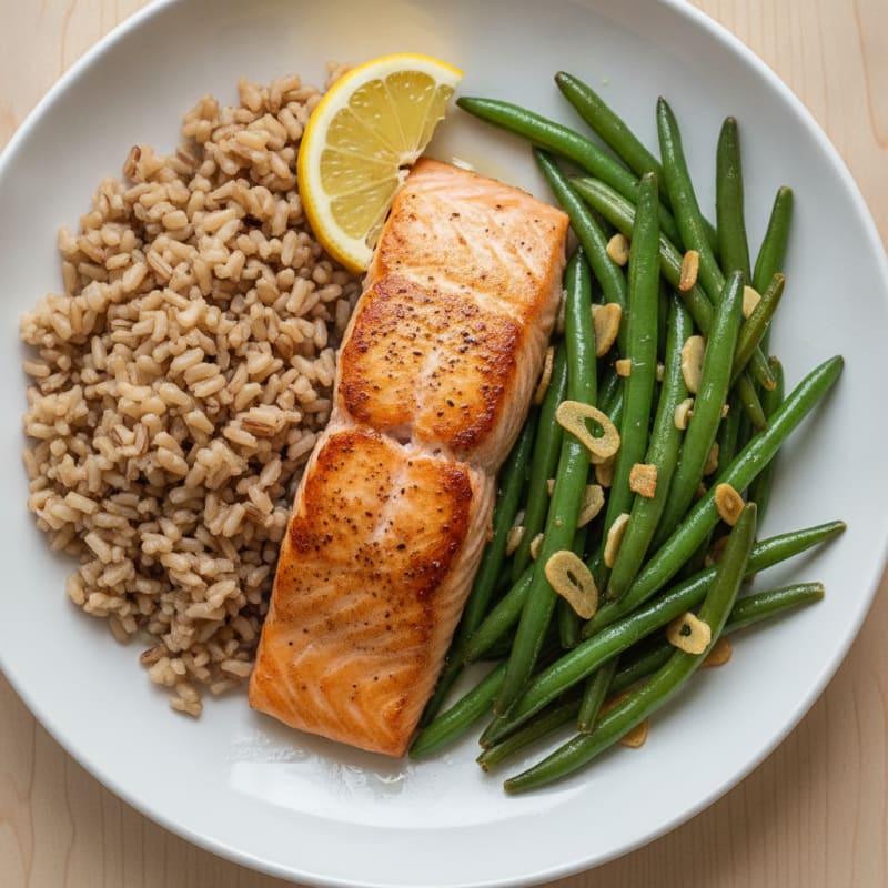 Seared Salmon with Garlic Green Beans and Brown Rice