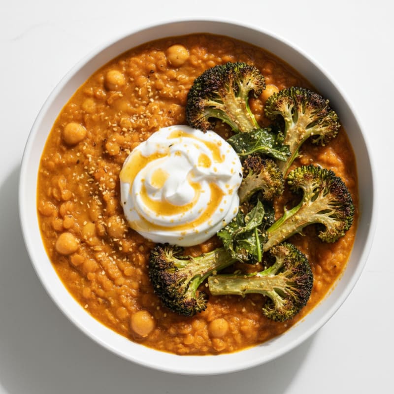 Creamy Lentil and Chickpea Stew with Roasted Broccoli