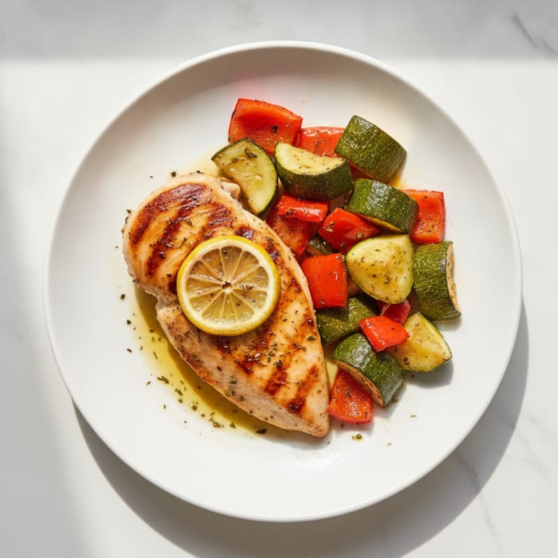 Grilled Chicken Breast with Roasted Zucchini and Bell Peppers