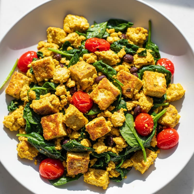 Crispy Tofu Scramble with Sautéed Spinach and Cherry Tomatoes