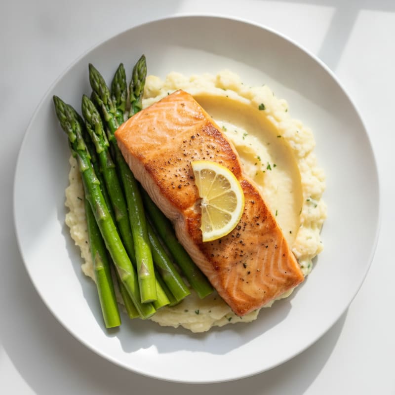 Seared Salmon with Steamed Asparagus and Garlic Mashed Cauliflower