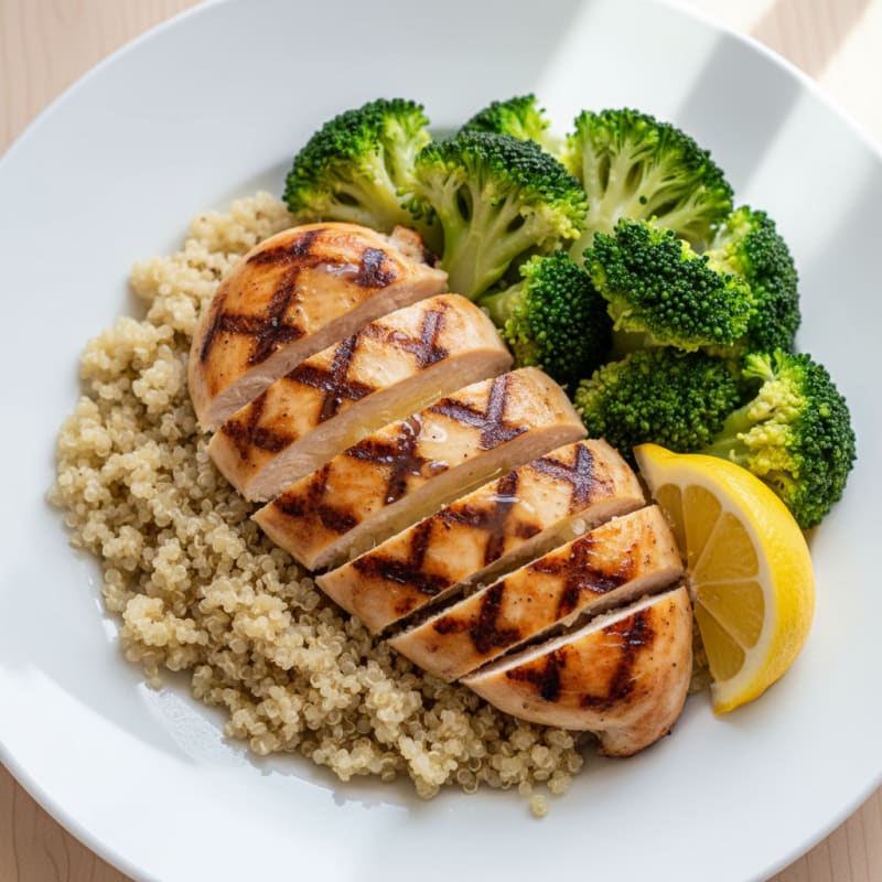 Grilled Chicken Breast with Steamed Broccoli and Quinoa