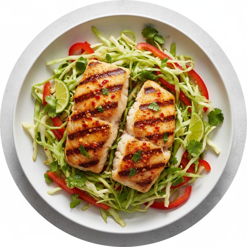 Grilled Chili-Garlic Cod with Crunchy Veggie Slaw