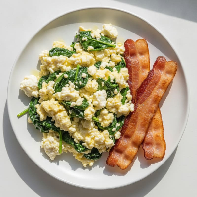 Cottage Cheese Scramble with Spinach and Turkey Bacon