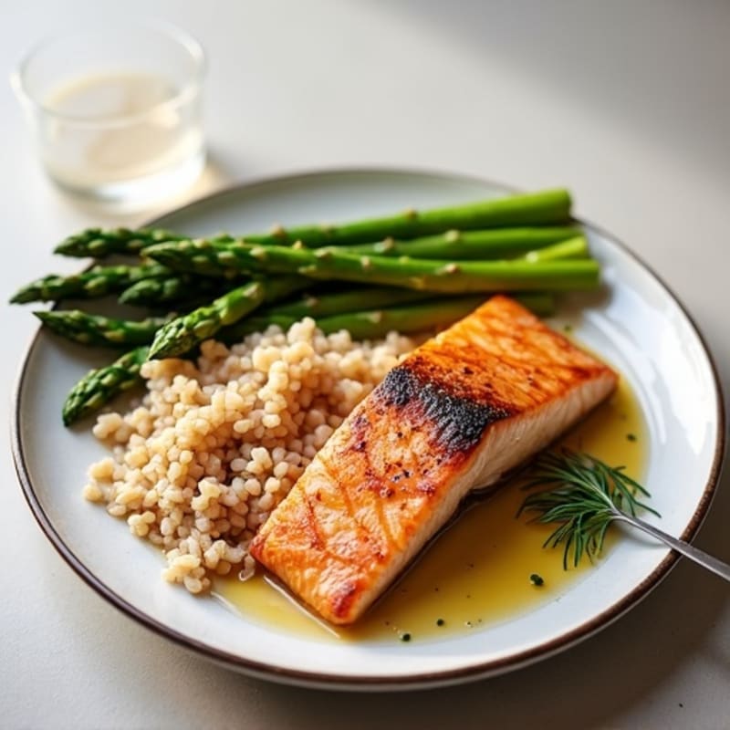 Seared Salmon Fillet with Steamed Asparagus and Brown Rice