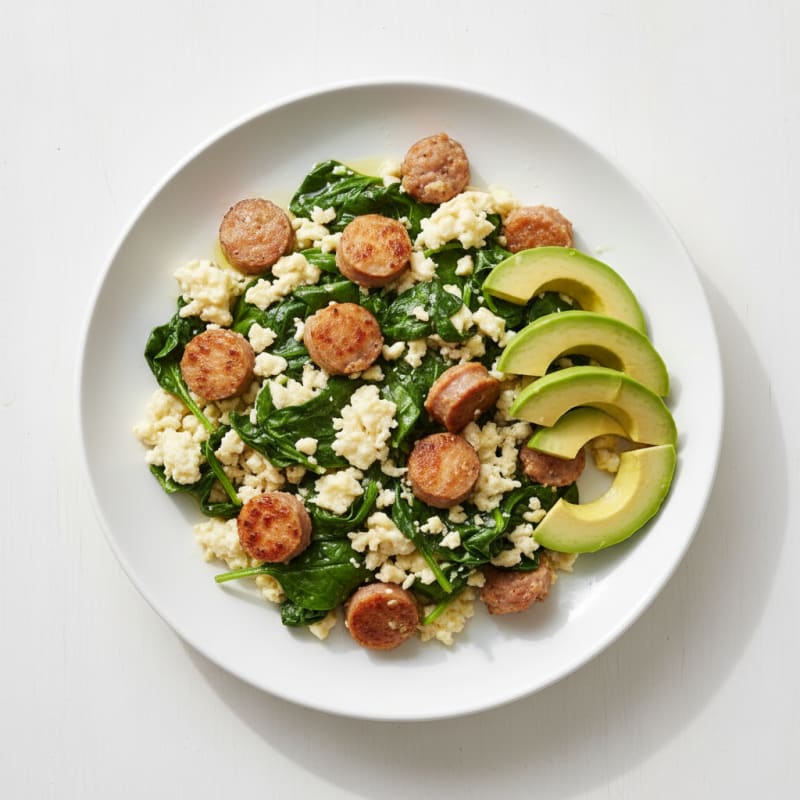 Egg White and Turkey Sausage Scramble with Sautéed Spinach