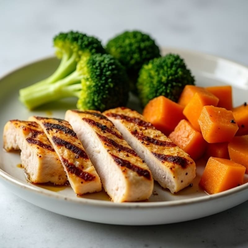 Grilled Turkey Breast with Roasted Sweet Potato and Steamed Broccoli