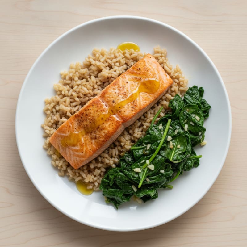 Seared Salmon with Garlic Spinach and Brown Rice