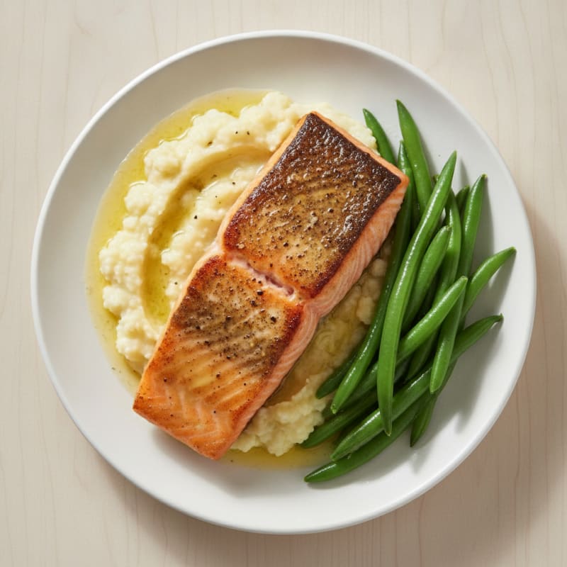 Seared Salmon Fillet with Steamed Green Beans and Garlic Mashed Cauliflower