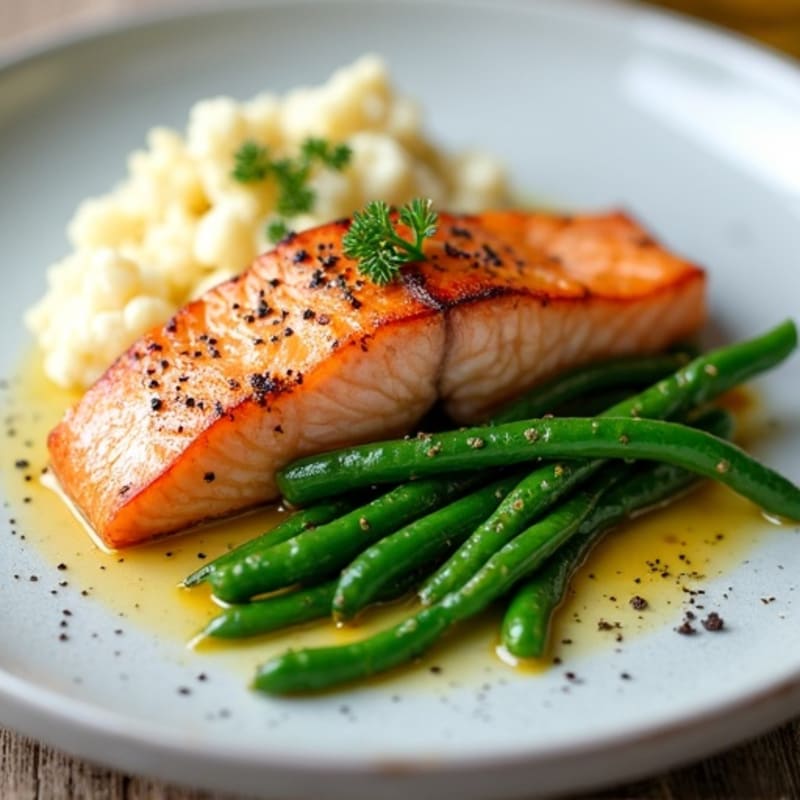 Seared Salmon with Steamed Green Beans and Cauliflower Mash