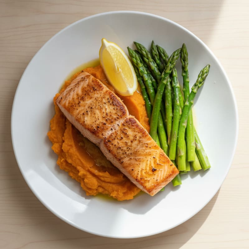 Seared Salmon Fillet with Steamed Asparagus and Sweet Potato Mash