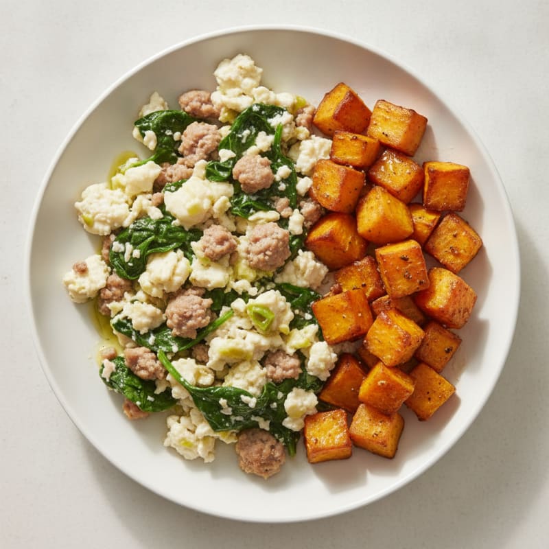 Egg White and Turkey Sausage Scramble with Spinach and Roasted Sweet Potato