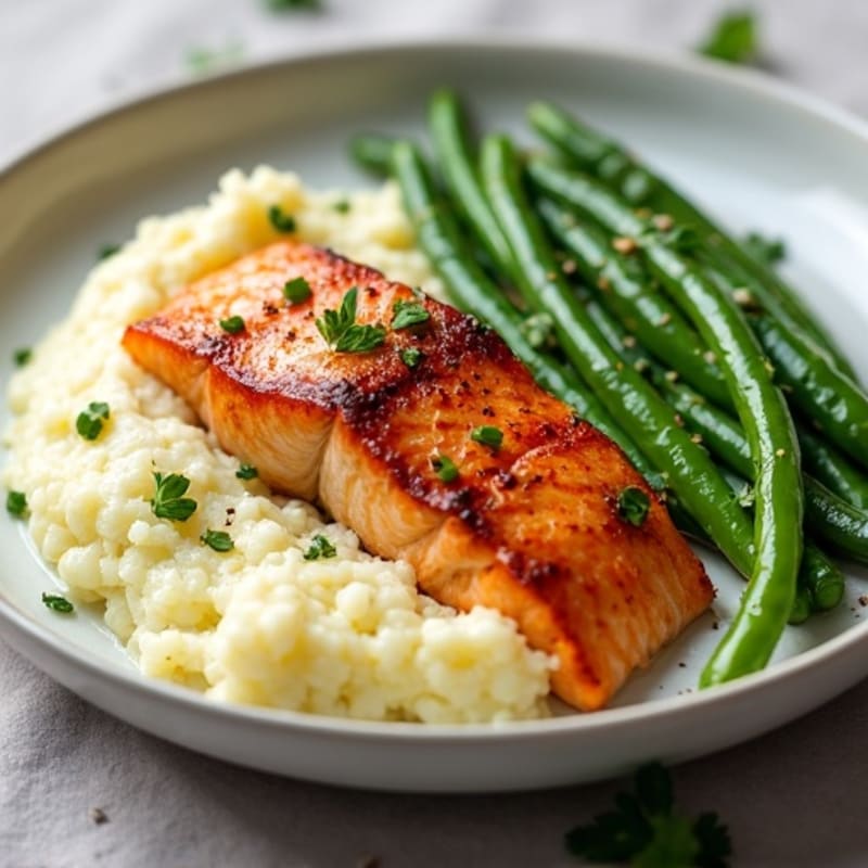 Seared Salmon with Garlic Green Beans and Cauliflower Mash