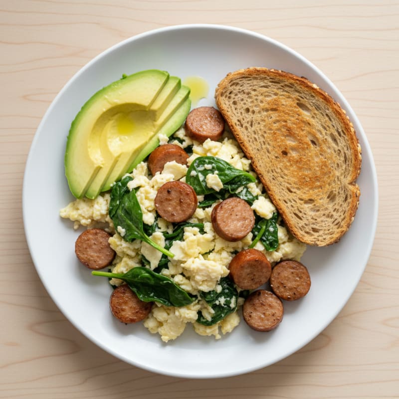 Egg White Spinach Scramble with Turkey Sausage