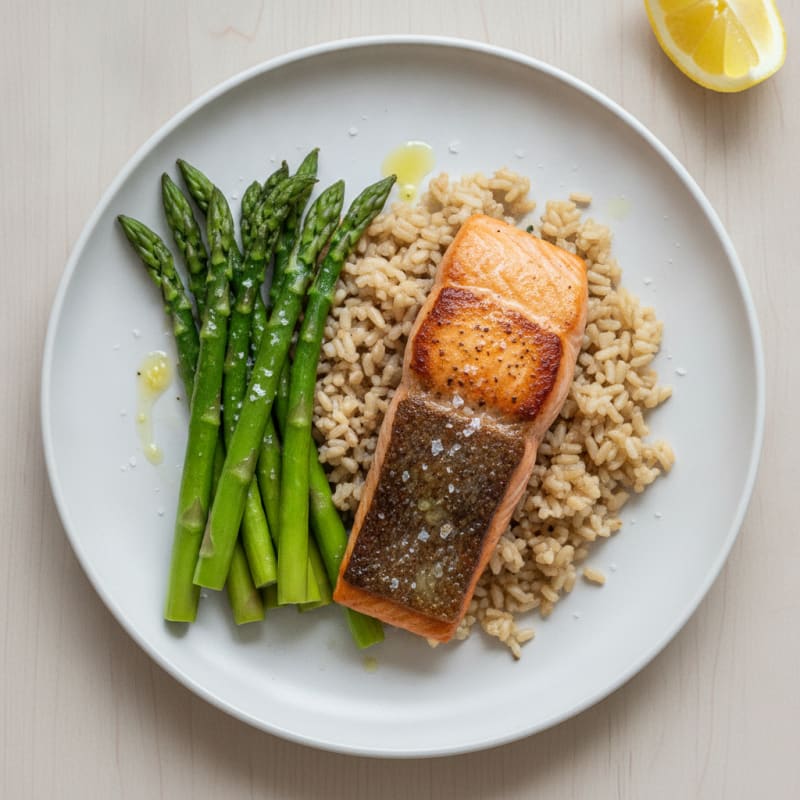 Seared Salmon Fillet with Steamed Asparagus and Brown Rice