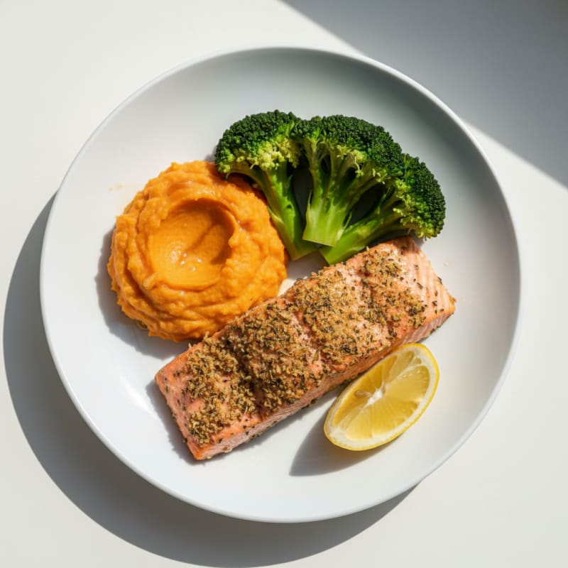 Herb-Roasted Salmon with Sweet Potato Mash and Steamed Broccoli