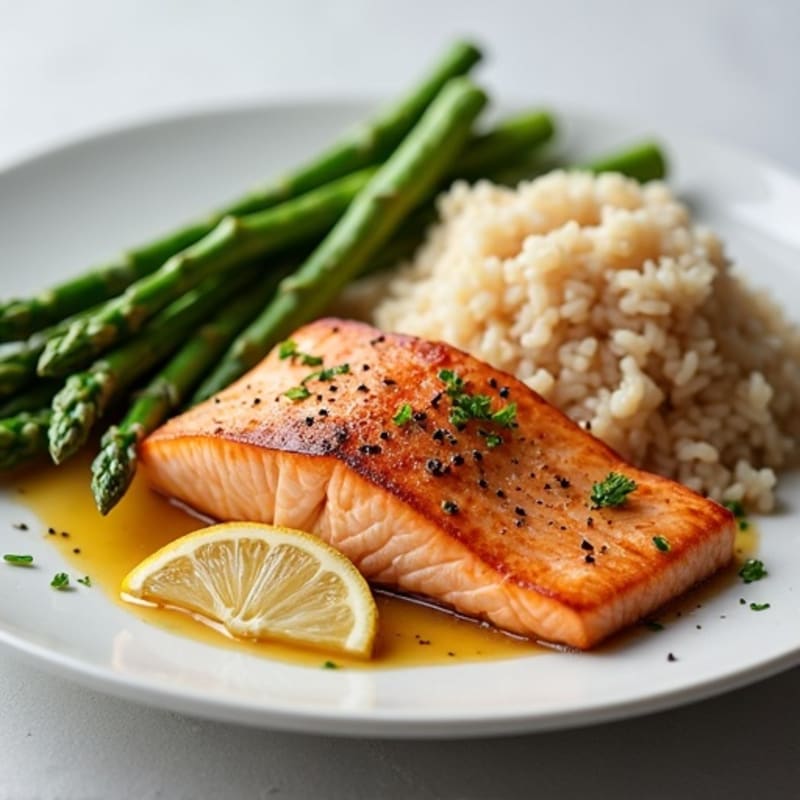 Seared Salmon Fillet with Steamed Asparagus and Brown Rice