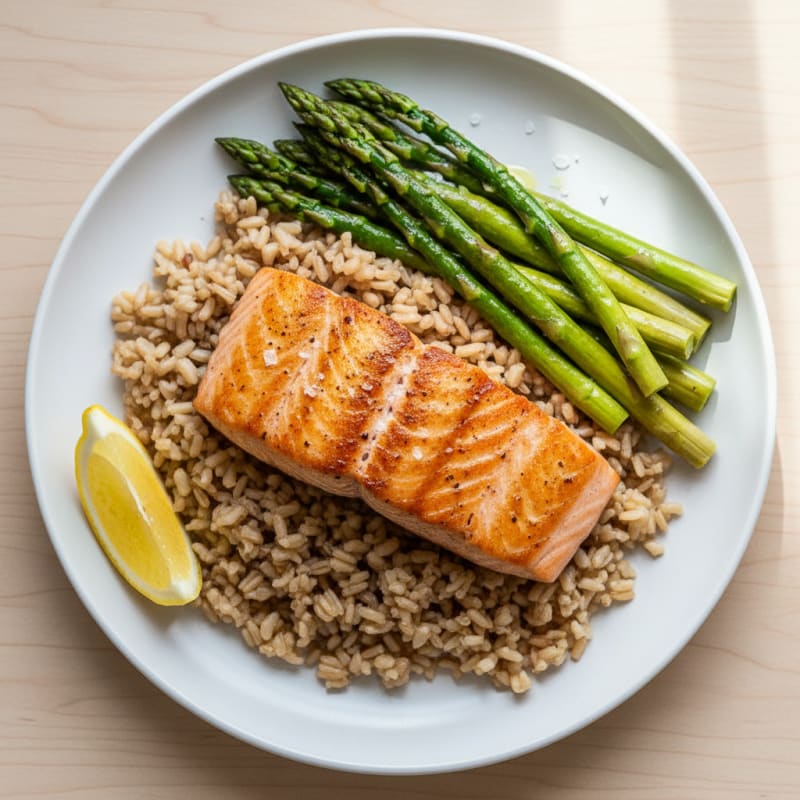 Seared Salmon with Steamed Asparagus and Brown Rice