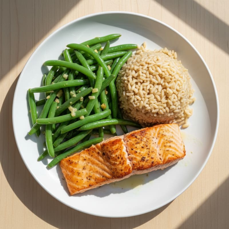 Seared Salmon Fillet with Garlic Green Beans and Brown Rice
