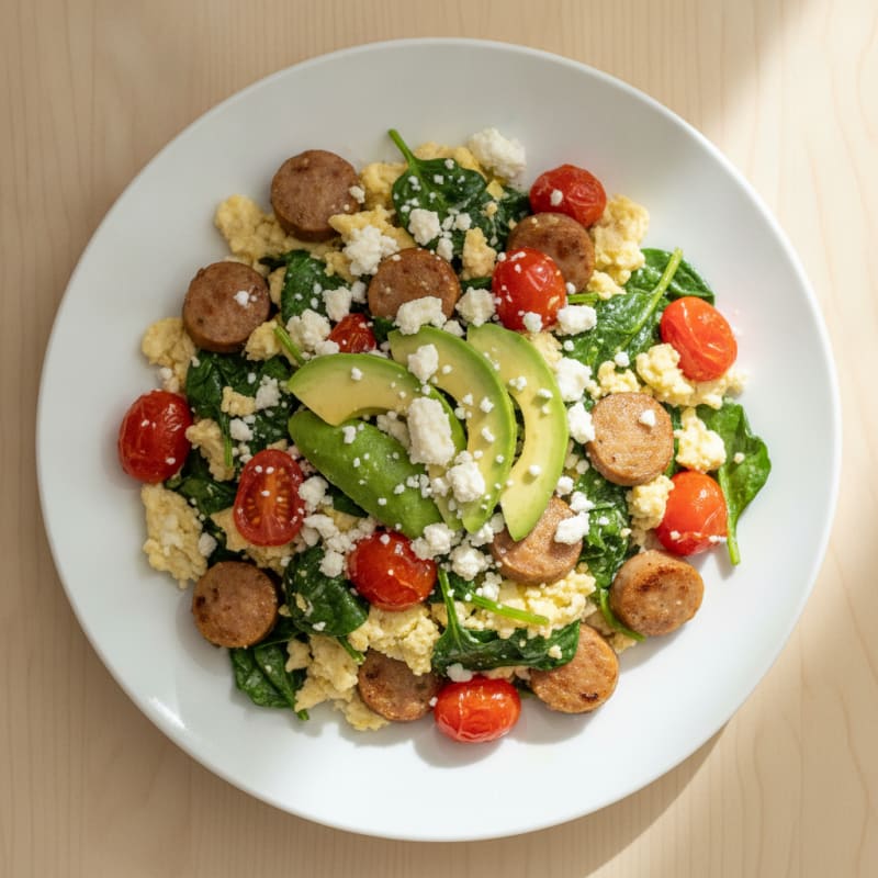 Egg White and Turkey Sausage Scramble with Spinach and Cherry Tomatoes