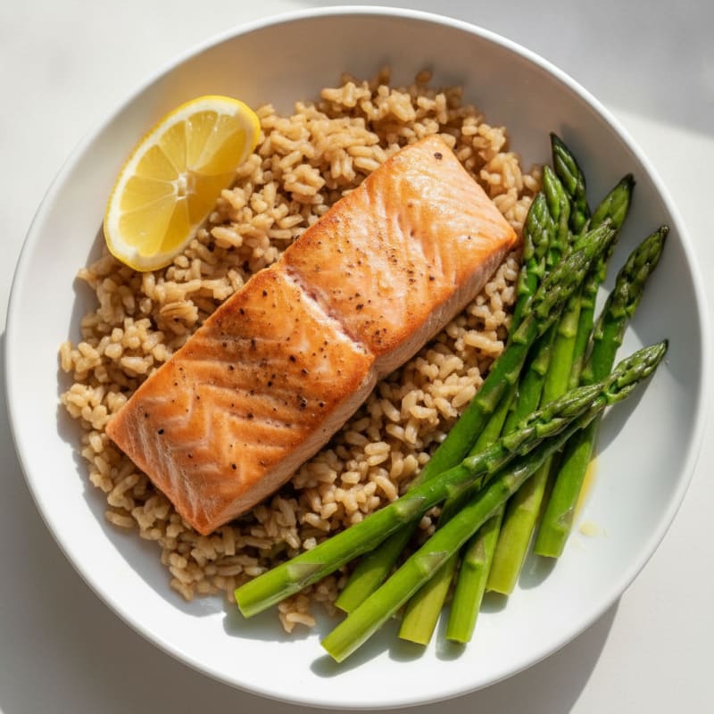 Seared Salmon with Steamed Asparagus and Brown Rice