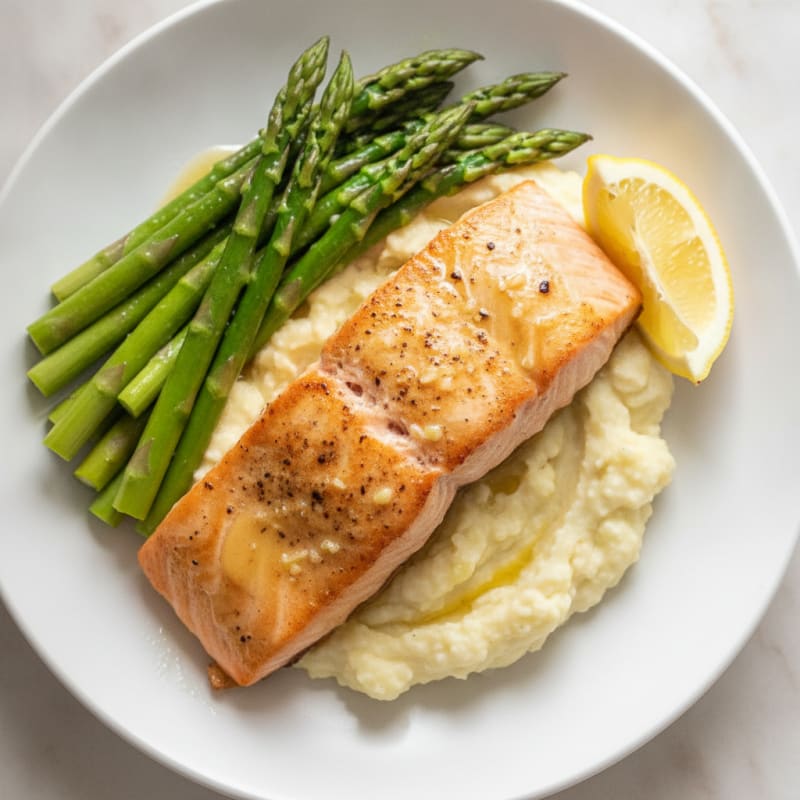 Seared Salmon with Steamed Asparagus and Garlic Mashed Cauliflower