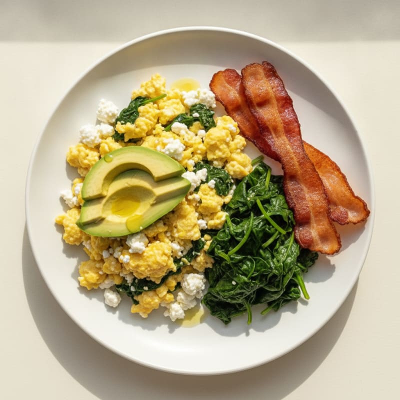 Cottage Cheese Scramble with Sautéed Spinach and Turkey Bacon