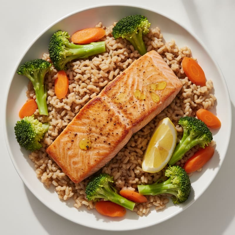 Crispy Salmon Fillet with Steamed Broccoli and Brown Rice