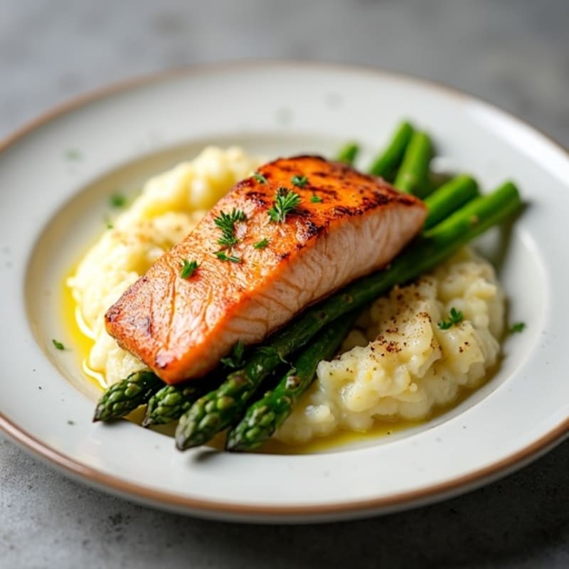 Seared Salmon with Steamed Asparagus and Garlic Cauliflower Mash