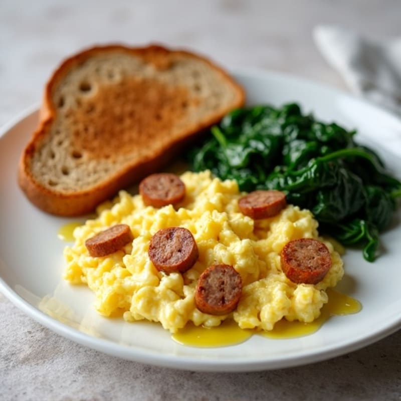 Egg White Scramble with Turkey Sausage and Sautéed Spinach