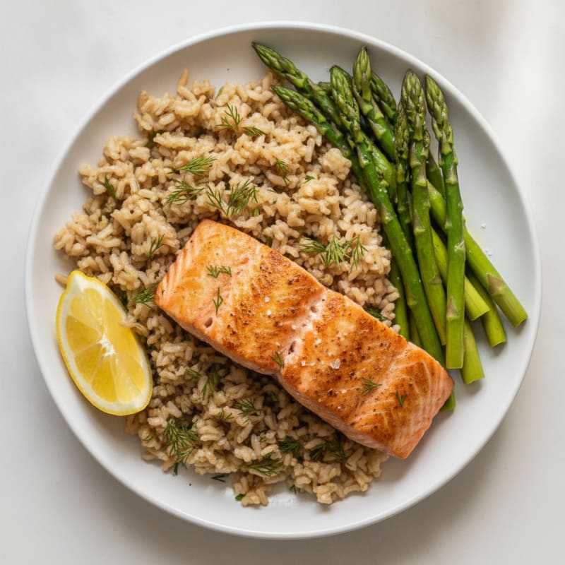 Seared Salmon with Steamed Asparagus and Herbed Brown Rice