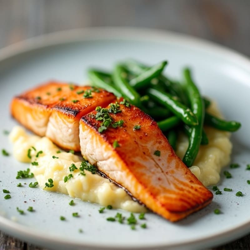 Seared Salmon with Steamed Green Beans and Cauliflower Mash