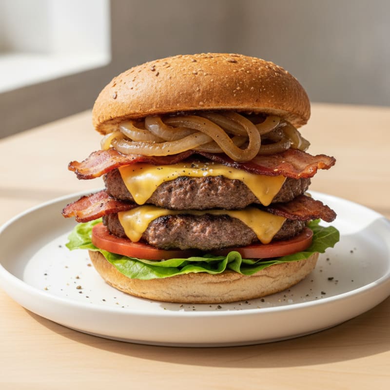 Double Bacon Cheeseburger with Caramelized Onions