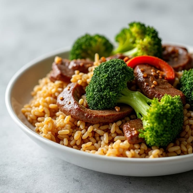 Tender Beef and Crispy Broccoli Stir-Fry with Brown Rice