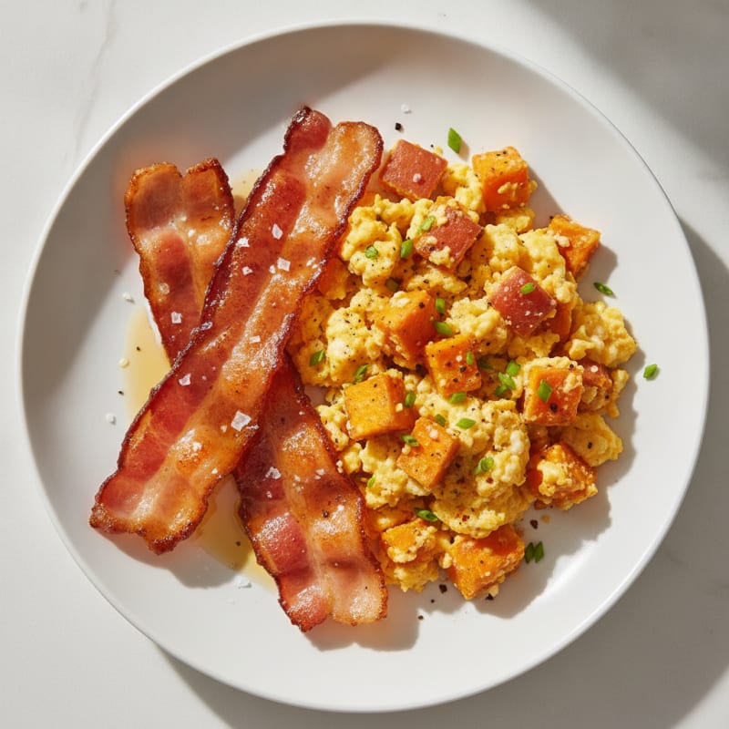 Maple-Glazed Turkey Bacon & Sweet Potato Scramble