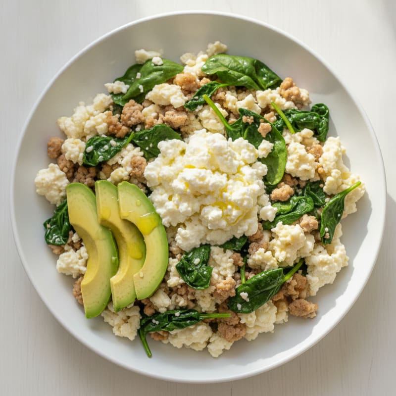 Egg White and Turkey Spinach Scramble with Cottage Cheese