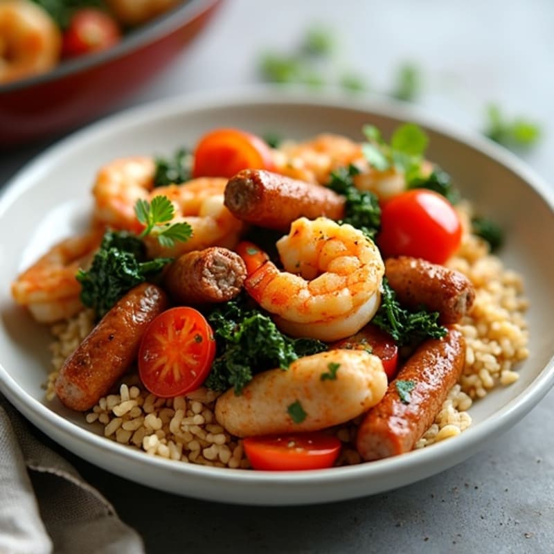 Spicy Chicken, Shrimp, and Lean Sausage Skillet with Rice and Fresh Vegetables