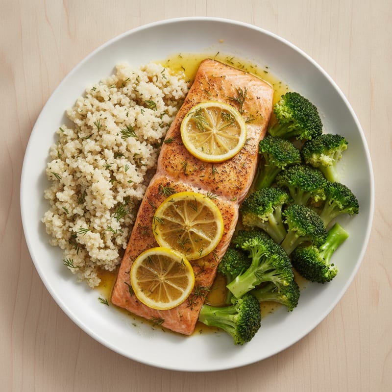 Herb-Roasted Salmon with Steamed Broccoli and Quinoa