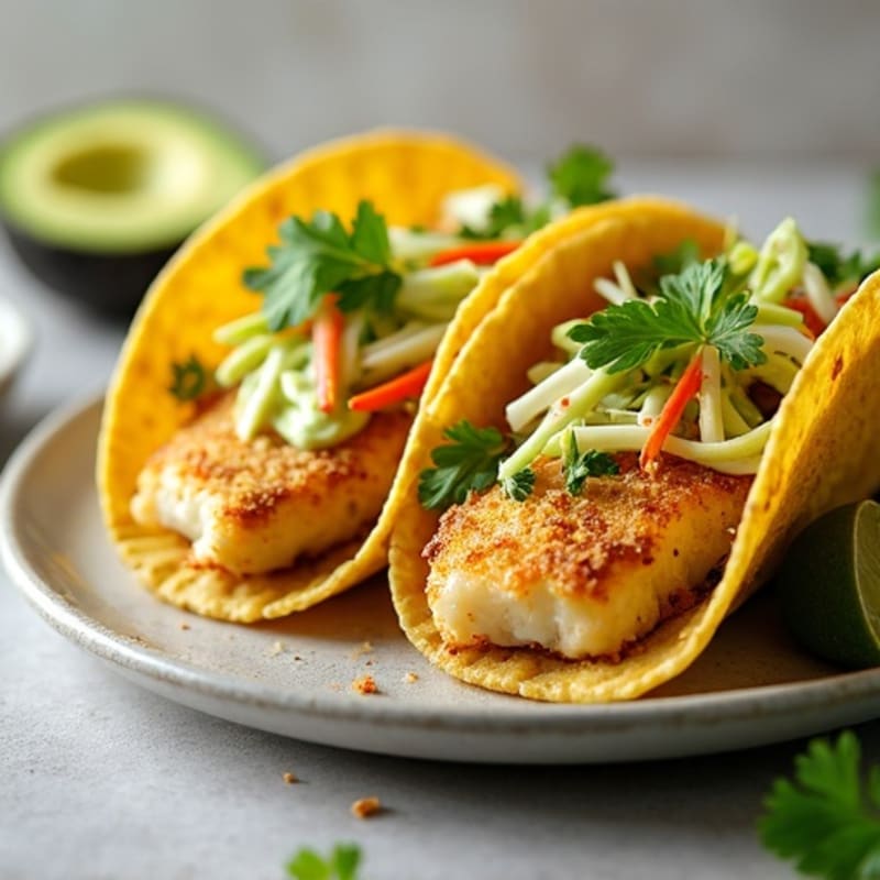 Crispy Baked Fish Tacos with Fresh Cabbage Slaw and Creamy Avocado Sauce