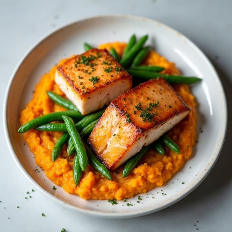 Seared Salmon with Garlic Green Beans and Sweet Potato Mash