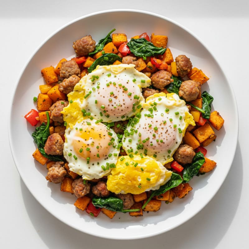Scrambled Eggs with Turkey Sausage and Roasted Sweet Potato Hash