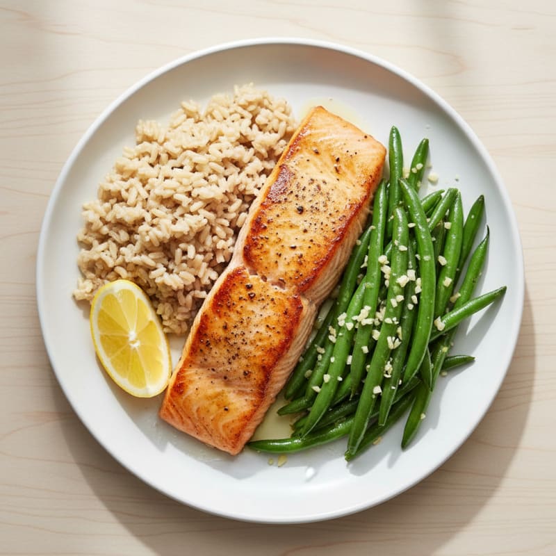 Seared Salmon with Garlic Green Beans and Brown Rice