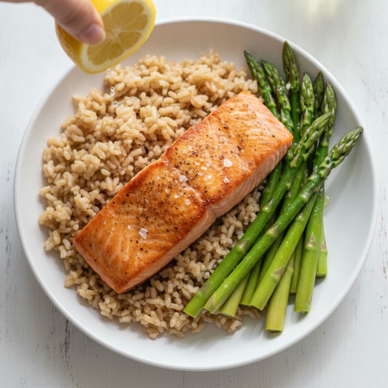 Seared Salmon with Steamed Asparagus and Brown Rice