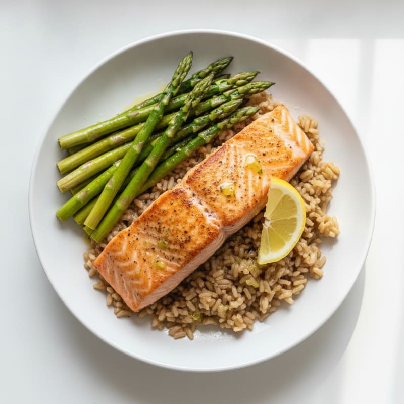 Seared Salmon with Steamed Asparagus and Brown Rice