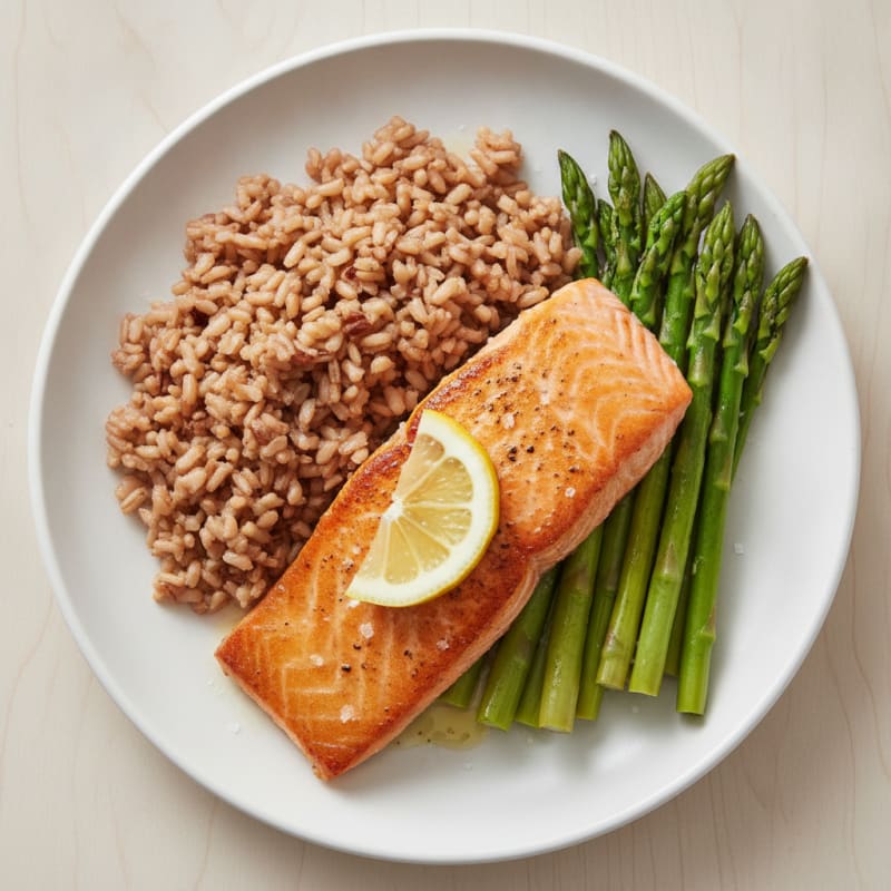 Seared Salmon with Steamed Asparagus and Brown Rice