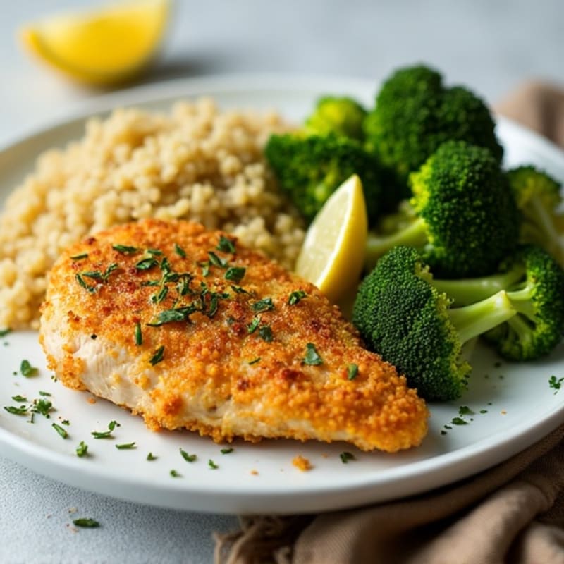 Crispy Lemon Herb Chicken with Roasted Broccoli and Quinoa