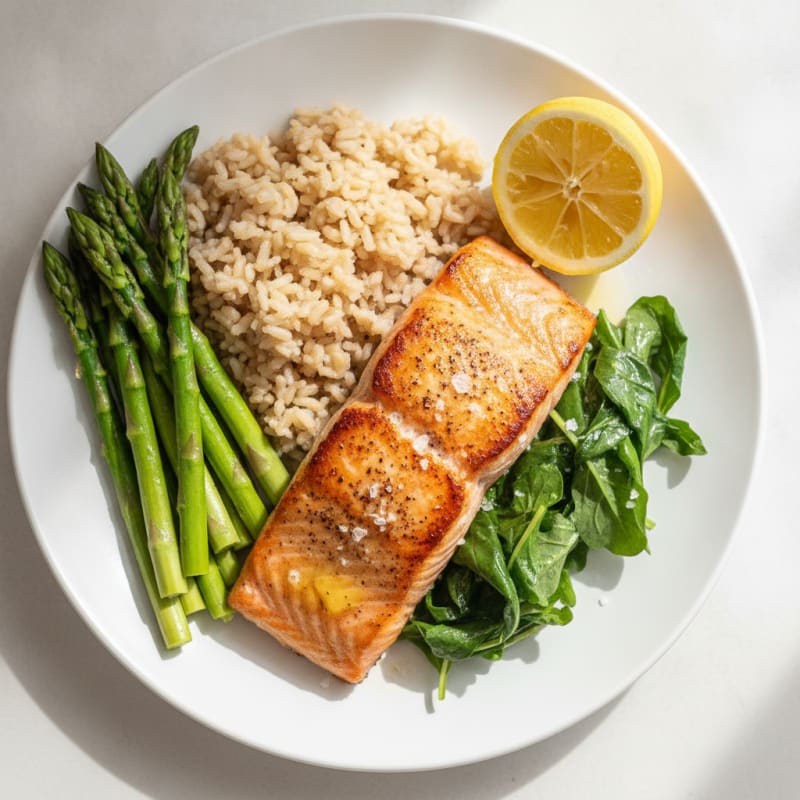 Seared Salmon Fillet with Steamed Asparagus and Brown Rice